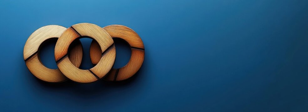Three interlocking wooden rings with visible wood grain on a smooth blue background, calm minimalist composition