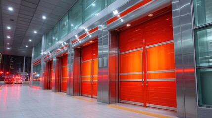 Hospital reception area, Bright red industrial doors line a modern building corridor with reflective metallic frames and a tiled floor under ceiling lights at night.