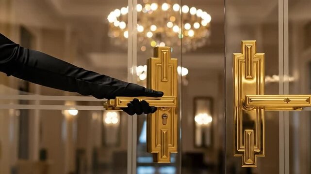 Elegant Hand in Black Glove Opening Golden Art Deco Door Handle at a Luxury Speakeasy