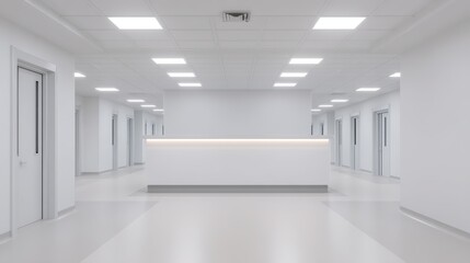 Obraz premium Hospital reception area, A spacious, modern, and minimalistic white hallway with multiple doors and a central reception desk under bright ceiling lights.