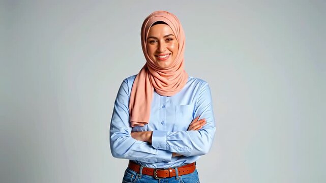 Smiling Muslim woman wearing hijab and casual clothing standing confidently.