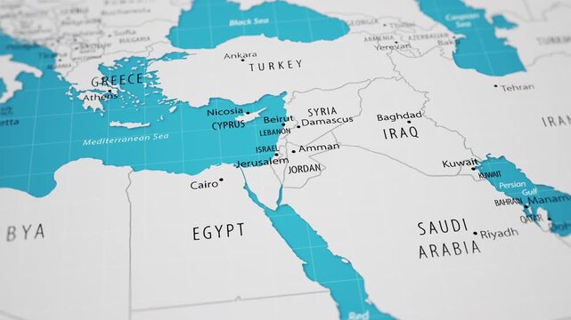 Smooth camera flyover across the Middle East on a detailed political world map. Persian Gulf region.