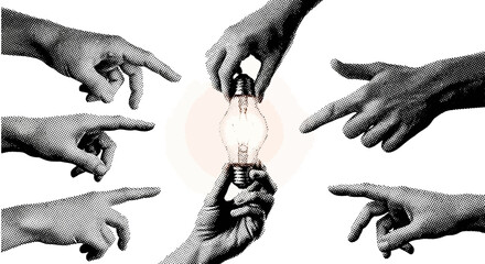 Obraz premium Hands reaching for a glowing lightbulb representing ideas and innovation.