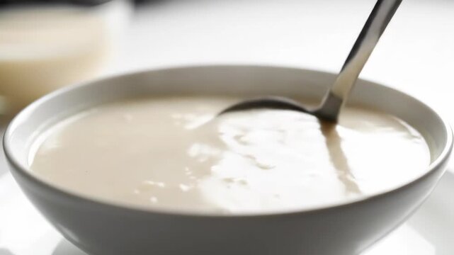 Creamy white food served in bowl with metal spoon