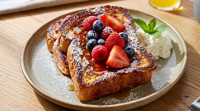Indulgent french toast stack with berries and syrup breakfast food french toast breakfast berries, dessert.