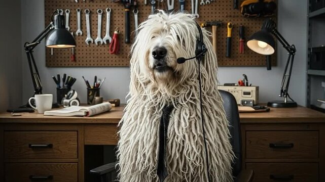Funny Shaggy Dog Wearing Headset and Tie Working as Remote IT Support Specialist in Home Office