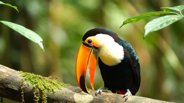 Toucan perched on branch in rainforest.