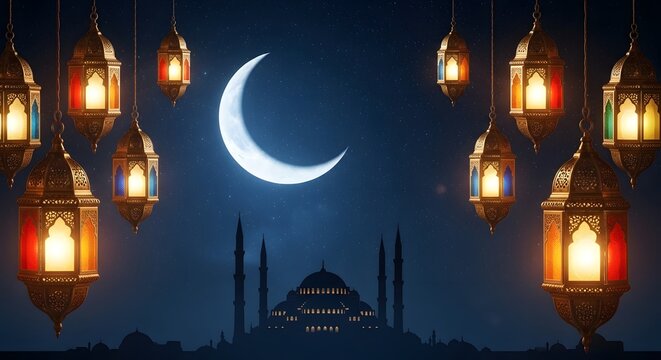 Glowing Ramadan lanterns hanging under a crescent moon, mosque silhouette in distance, starry night sky, warm golden lighting, peaceful spiritual mood, ultra detailed