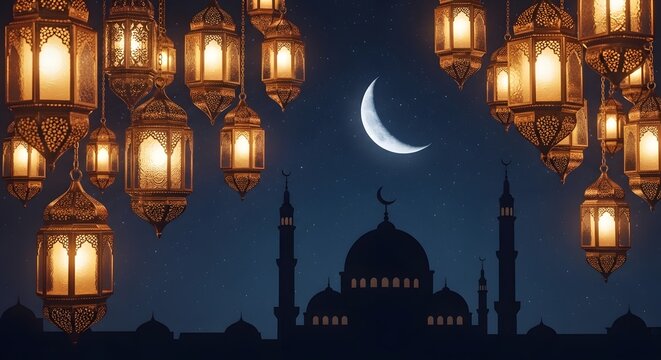 Glowing Ramadan lanterns hanging under a crescent moon, mosque silhouette in distance, starry night sky, warm golden lighting, peaceful spiritual mood, ultra detailed