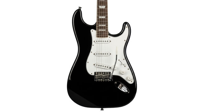 Black electric guitar isolated PNG, musical instrument for rock and blues music performance on transparent background