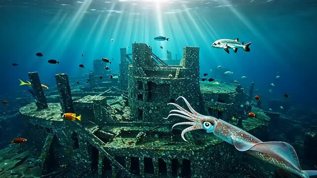 Underwater scene with squid and wreckage.