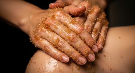 Fototapeta premium Natural body scrub applied to smooth skin, hands gently massage exfoliating granular mixture onto leg surface. Invigorating body scrub treatment for spa relaxation and skincare,