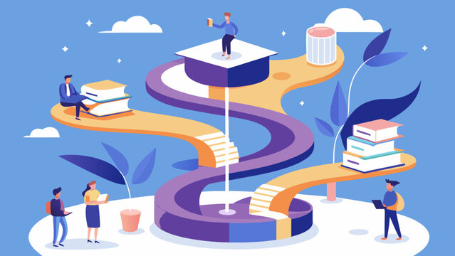 Career growth concept with winding path from books to graduation cap symbolizing education journey and professional success in flat vector illustration