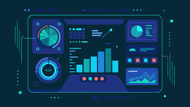 Business analytics dashboard interface with charts graphs and data visualization on computer screen in flat vector illustration