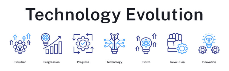 Technology evolution showing progression from early stages through revolutionary changes to modern innovation.