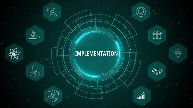 Business Implementation Strategy Concept Futuristic Digital Technology Interface with Corporate Process Network HUD Visualization 4K black background visuals