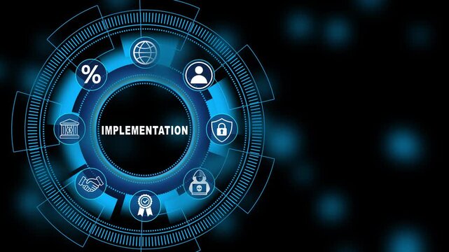 Business Implementation Strategy Concept Futuristic Digital Technology Interface with Corporate Process Network HUD Visualization 4K black background visuals
