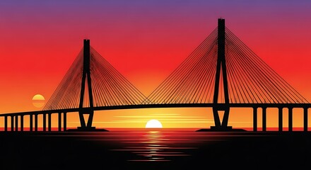 Fototapeta premium Sunset over a large cable-stayed bridge.