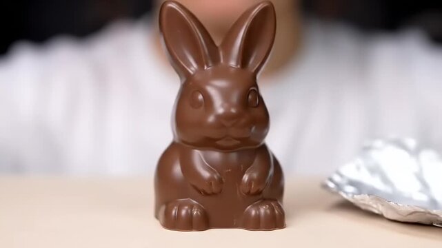 Hands unwrapping a delicious milk chocolate Easter bunny treat.