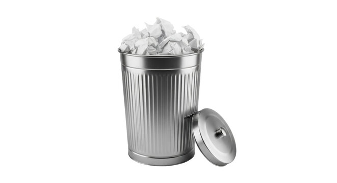 Metal trash can full of crumpled paper isolated PNG, waste management and recycling concept on transparent background