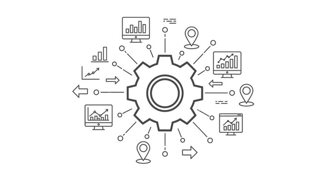 Abstract illustration of data processing, analytics, and system integration with a central gear icon and various data visualization elements.
