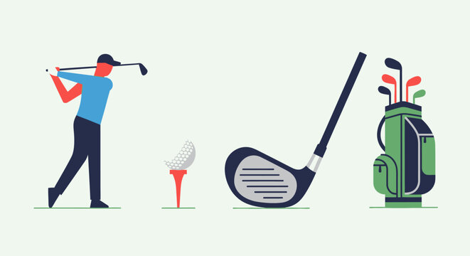 A flat vector illustration depicting various elements of golf, including a golfer swinging, a ball on a tee, a club, and a golf bag with clubs.