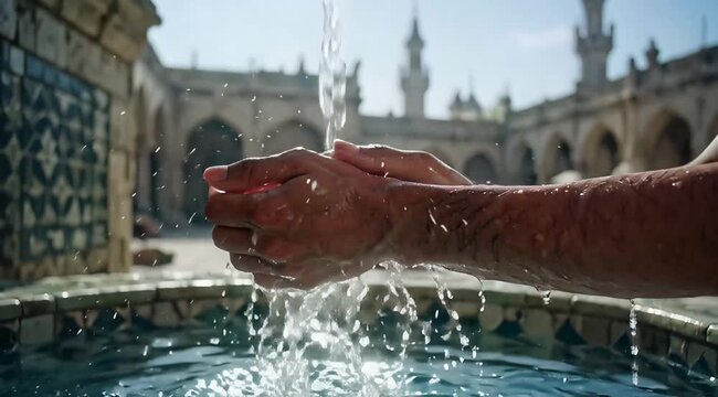 Hands catching fresh water from a traditional fountain for ritual ablution.
