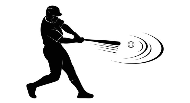 Silhouette of a baseball player hitting a ball with a bat, showing motion blur and impact, on a clean white background.