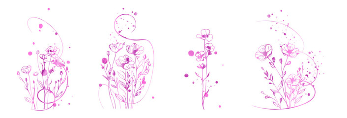 Pink Botanical Line Art Flowers with Ink Splatter Decorative Elements. Stylish pink floral line art with ink splashes, modern botanical illustration for creative design.