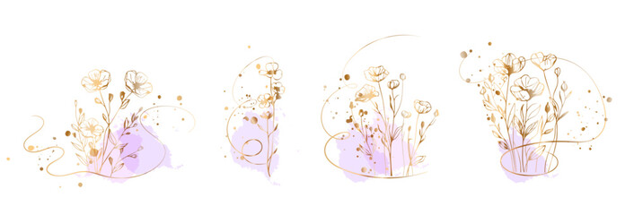 Elegant Wildflower Line Art with Gold Accents and Purple Watercolor Splash. Delicate floral line art with golden strokes and soft watercolor splash, elegant botanical decorative elements.