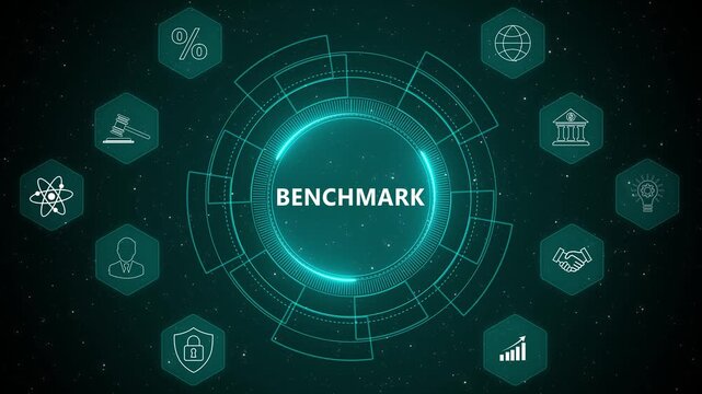Business performance benchmark analytics technology interface for KPI comparison and strategic evaluation futuristic digital dashboard 4K technology animation visuals