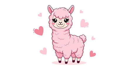 Obraz premium Cute Pink Alpaca Character with Hearts Illustration.