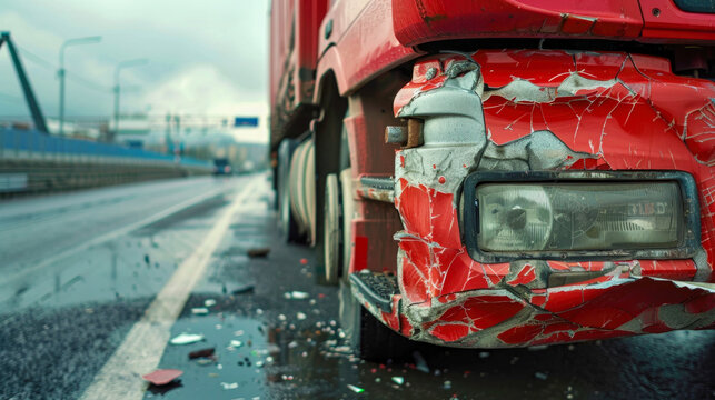 Damaged red truck after accident on wet road