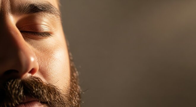Close up closed eyes portrait of bearded man with warm sunlight on half face, showing peaceful expression. Closed eyes portrait emphasizes tranquility, serene moment, gentle light across skin.