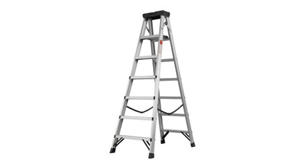 Silver aluminum step ladder isolated PNG, folding stepladder for home improvement and construction projects on transparent background © Aliona