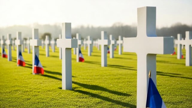 Rows of White Crosses with Tricolor Flags in a Military Cemetery at Sunset
