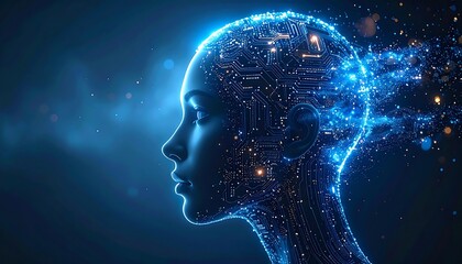 Obraz premium Digital Mind: A mesmerizing illustration of a human profile, artfully composed of interconnected circuits and glowing particles.