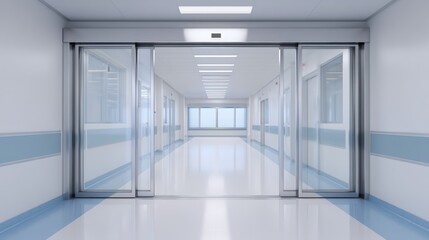 Fototapeta premium Hospital reception area, A clean, modern hospital hallway with automatic sliding glass doors and bright overhead lighting.