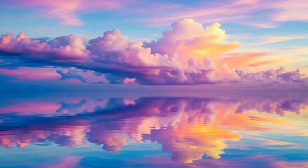 Fototapeta premium Stunning pink and purple sunset clouds reflecting vividly upon the perfectly calm ocean surface at twilight