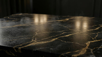Obraz premium Close up of a polished black marble tabletop with dramatic gold veining and subtle reflections, evoking luxury, modern interior design, and premium home decor for upscale spaces
