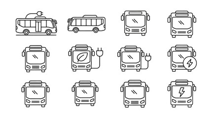 Collection of electric bus icons and illustrations. © Romm