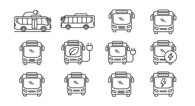 Collection of electric bus icons and illustrations.