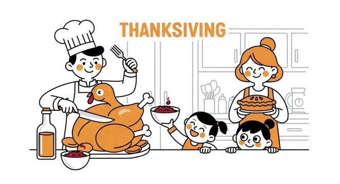 Family Preparing Thanksgiving Turkey Together.