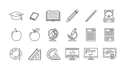 Collection of education and school related icons in a line art style. © Romm