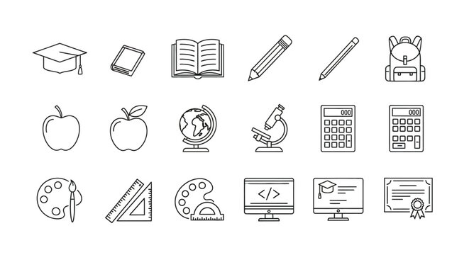 Collection of education and school related icons in a line art style.