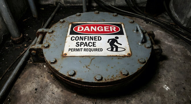 Danger confined space permit required warning sign on industrial hatch