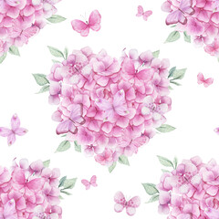 Obraz premium Watercolor seamless pattern with pink hydrangea heart. Floral design on white background. Hand drawn illustration