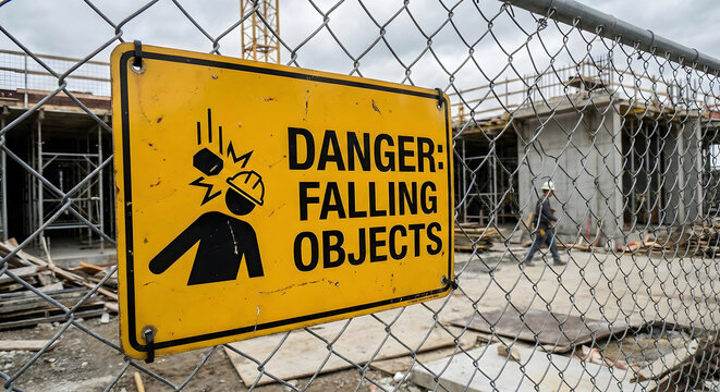 Danger falling objects construction warning sign attached to fence near worksite