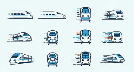 Set of modern high speed train icons in motion. © Arga