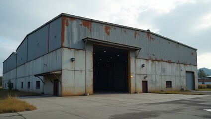 Fototapeta premium Large gray industrial building with rusty metal exterior and open garage door revealing dark interior with multiple lights and concrete parking lot surroundings.